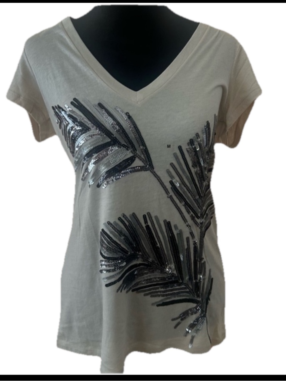 Express Women's Gray Knit Cotton V-Neck Short Sleeve Sequin Graphic Tee M